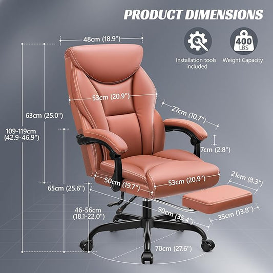 Office Chair, Executive Leather Chair Big and Tall Ergonomic Computer Desk Chair, Comfy Swivel Rolling Reclining Lumbar Support Task Chair with Adjustable High Back Foot Rest for Home Gaming