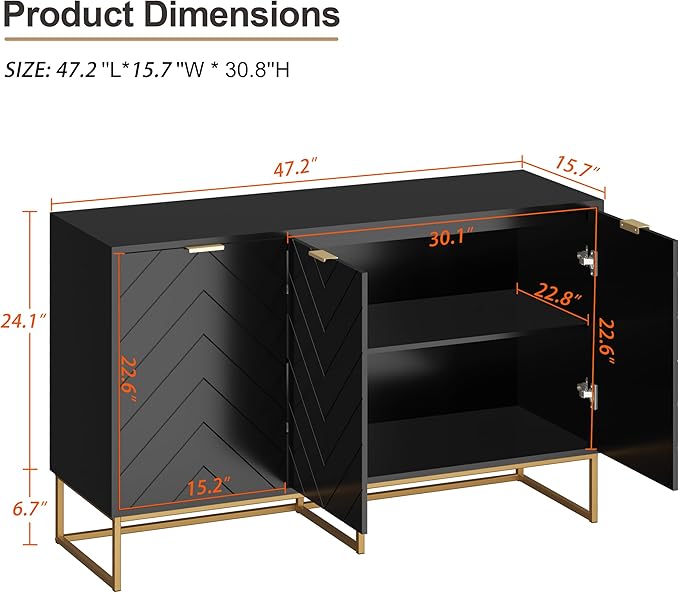 Scurrty Sideboard Cabinet with 3 Doors Buffet Cabinet with Adjustable Shelf, Storage Buffet with 3 Doors (Black)