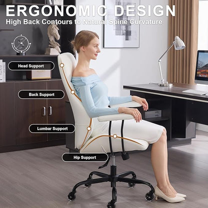 Home Office Desk Chair, Ergonomic High Back Leather Computer Chair with Lumbar Support, Adjustable Height & Recline, Swivel Executive Office Chair with Armrests and Rubber Casters, White