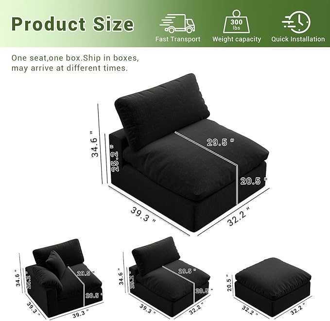 Modular Sectional Sofa,1-Seater Extra Comfty Deep-Seat-Filled Couch,Modern Couches for Living Room, Apartment,Office,Small Space,Black