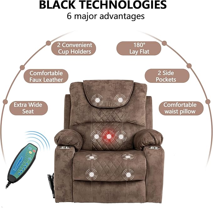 Large Power Lift Recliner Chair Sofa with Massage and Heat for Big and Tall Elderly,Infinite Positions,Dual Motor,Cup Holders,Extended Footrest,Velvet Home Theater Seat