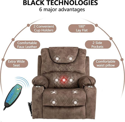 Large Power Lift Recliner Chair Sofa with Massage and Heat for Big and Tall Elderly,Infinite Positions,Dual Motor,Cup Holders,Extended Footrest,Velvet Home Theater Seat