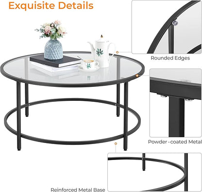 Yaheetech 36" Round Glass Coffee Table, Black Circle Coffee Table Center Table with Glass Top, Small Coffee Table for Living Room, Office & Apartment