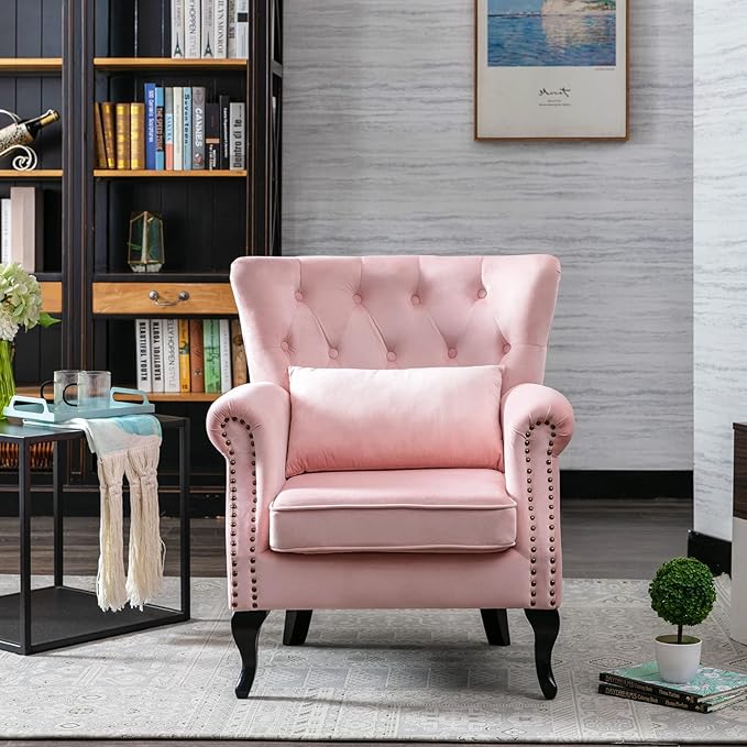 Accent Reading Arm Chairs for Living Room Bedroom, Midcentury Modern Comfy Corner Sofa Chair, Wingback Waiting Room Club Chair with Button Tufted Back &Lumbar Pillow, Velvet Pink