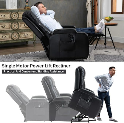 PELUMY Manual Lift Recliner Chair for Elderly with Massage & Heat, Oversized Heavy Duty 350 lbs Recliner with Cup Holders & USB Ports, Infinite Positioning Lift Chair (Breathable Leather, Black)
