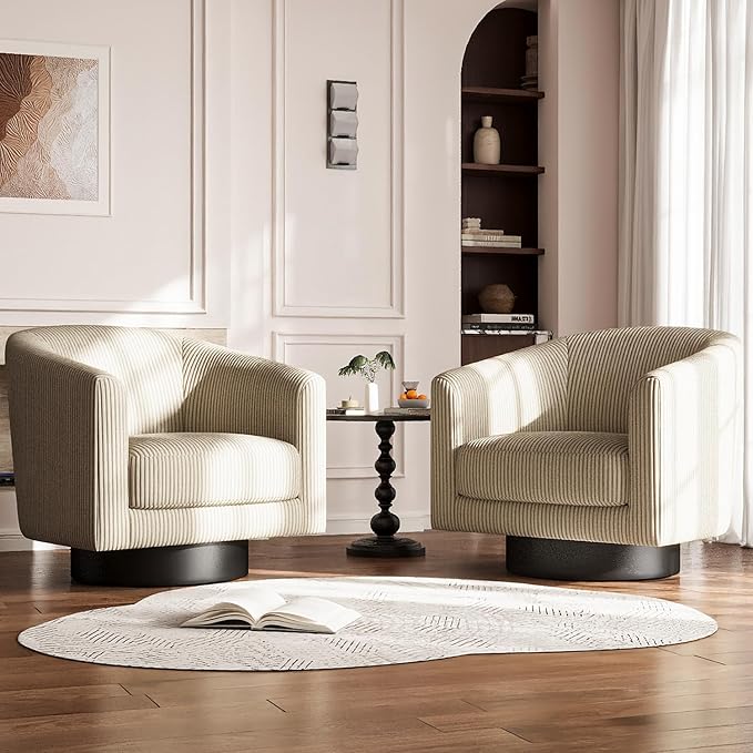 360° Swivel Accent Chairs Set of 2, Modern Bucket Chair, Corduroy Barrel Armchair, Comfy Boucle Chair, Single Sofa for Living Room Bedroom. Camel