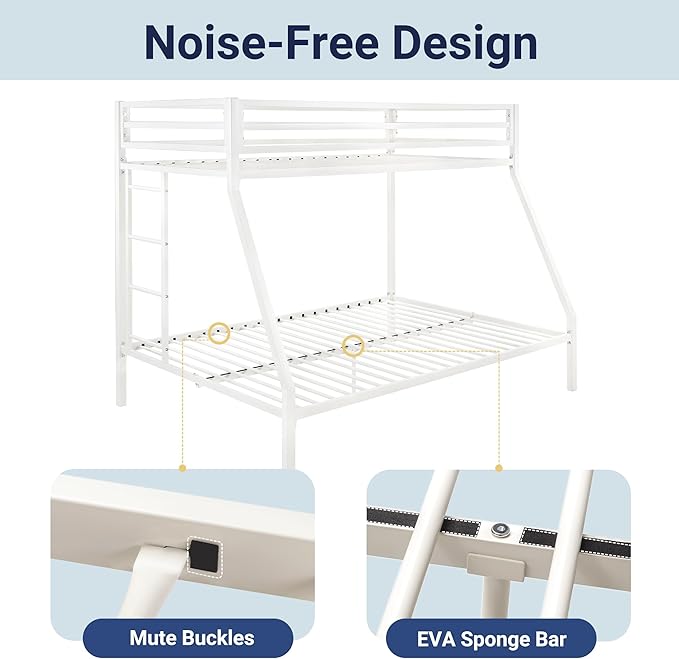 Allewie Metal Bunk Bed Twin Over Full Size for Junior & Adults with Ladder and Heavy Duty Guardrail, Small Space Saving Design for Bedroom Kid Room and Dorm, White