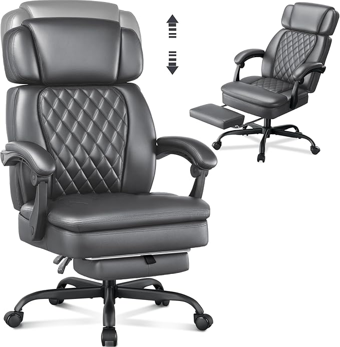 400lbs Office Chair with Foot Rest, Ergonomic Big and Tall Office Chair with Adjustable Headrest, High Back PU Leather Computer Chair,Comfy Heavy Duty Office Desk Chair (Classic Grey)