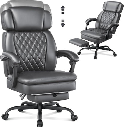 400lbs Office Chair with Foot Rest, Ergonomic Big and Tall Office Chair with Adjustable Headrest, High Back PU Leather Computer Chair,Comfy Heavy Duty Office Desk Chair (Classic Grey)