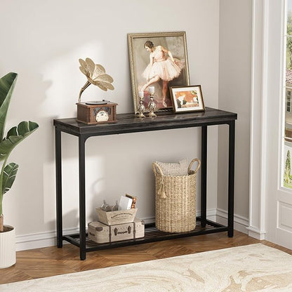 32" Small Console Table, 2-Tier Narrow Entryway Table, Sofa Table with Mesh Shelves, Console Tables for Living Room, Hallway, Entryway, Farmhouse Console Table with Storage, Oak Grey