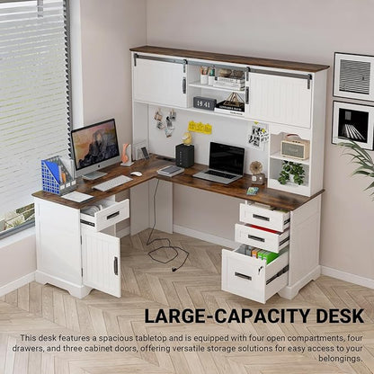 Executive Desk, Farmhouse Home Office Desk with Drawers and Storage Cabinet, Wood Computer Desk for Work and Study, Antique White (Style Two)