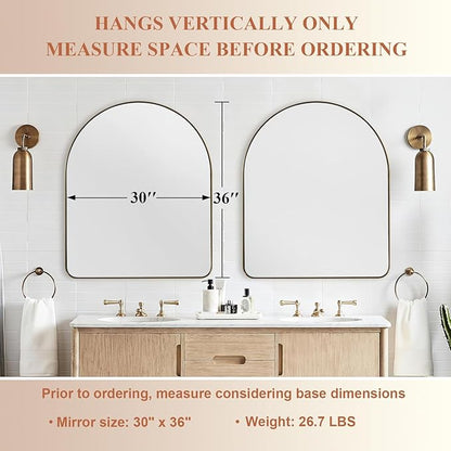 ANDY STAR Arched Mirror, 30 x 36 Inch Gold Wall Mirror in Stainless Steel Metal Frame, Arch Top Rounded Corner 1 Inch Deep Set Design Wall Mount Hangs Vertical