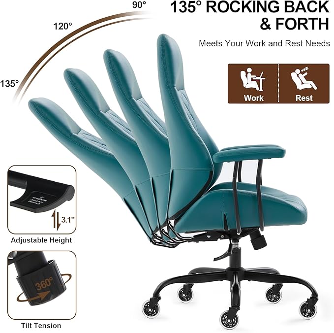 Home Office Desk Chair, Ergonomic High Back Leather Computer Chair with Lumbar Support, Adjustable Height & Recline, Swivel Executive Office Chair with Armrests and Rubber Casters, Green