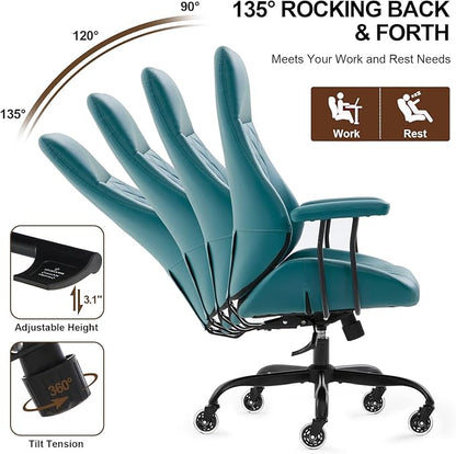 Home Office Desk Chair, Ergonomic High Back Leather Computer Chair with Lumbar Support, Adjustable Height & Recline, Swivel Executive Office Chair with Armrests and Rubber Casters, Green