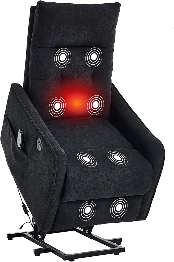 PELUMY Manual Lift Recliner Chair with Massage and Heat for Elderly, Single Motor Electric Lift Chair, Heavy Duty Recliner with USB Charging & Side Pockets (Chenille, Black)
