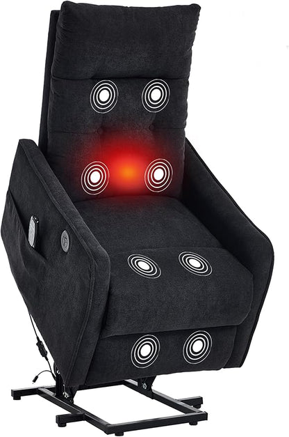 PELUMY Manual Lift Recliner Chair with Massage and Heat for Elderly, Single Motor Electric Lift Chair, Heavy Duty Recliner with USB Charging & Side Pockets (Chenille, Black)