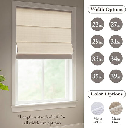 Madison Park Galen Matte Linen Cordless Roman Shades - Fabric Privacy Single Panel Darkening, Energy Efficient, Thermal Insulated Window Blind Treatment, for Home, Living Room Decor, 31" W x 64" H