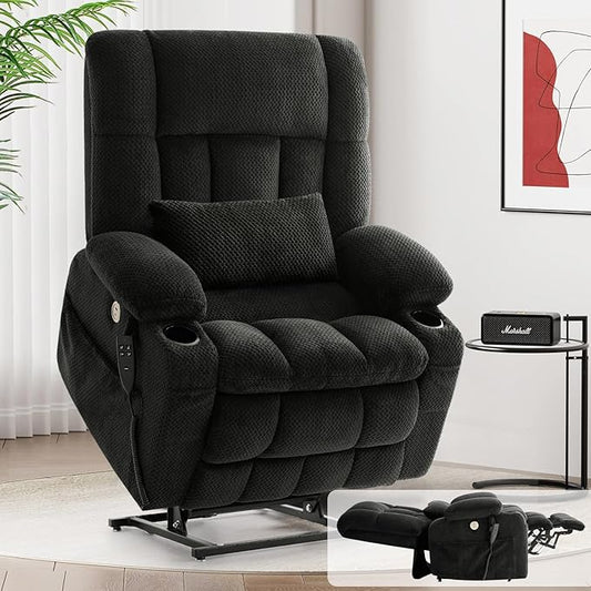 Power Lift Recliner Chair for Adults Oversized Infinite Position Lift Chair for Elderly W/Massage & Heat, Lay Flat Recliner, One-Touch Reset, Cup Holders, Lumbar Pillow, Fabric (Premium, Dark Grey)