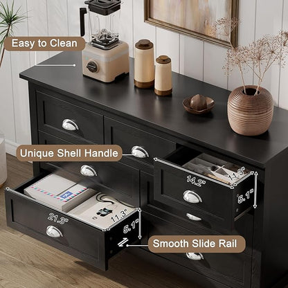 Black Dresser for Bedroom, Farmhouse 7 Drawer Double Dresser with Vintage Antique Handles, Modern Dressers and Chest of Drawers for Bedroom
