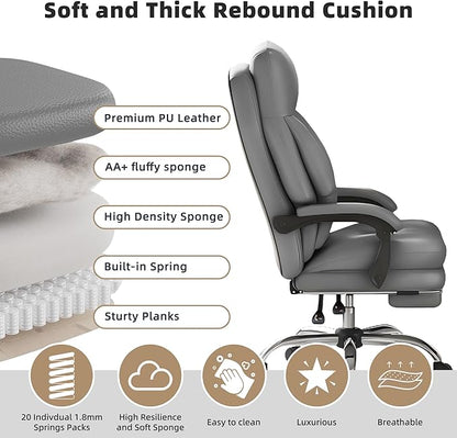 Home Office Desk Chair, 90°-160° Reclining, High Back Executive OfficeChair 400LBS with Footrest, Ergonomic Scratch-Resistant Faux Leather Computer Gaming Chair with Lumbar Support
