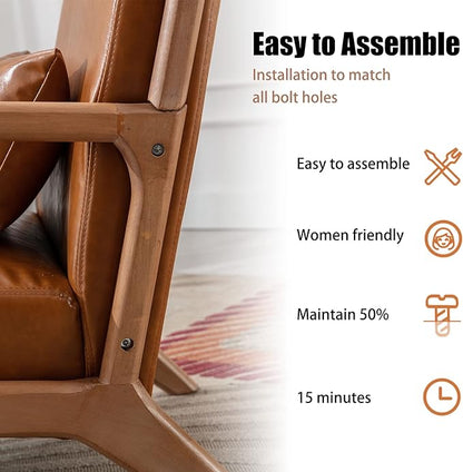 INZOY Mid Century Modern Accent Chair with Wood Frame, PU Leather Reading Armchair with Waist Cushion, Upholstered Living Room Chairs for Bedroom Sunroom (Camel)