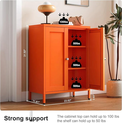 Small Bathroom Storage Cabinet, Metal Sideboard with 2 Doors and 2 Adjustable Shelves, Orange Floor Locker Cabinet 12" Shallow Storage Lockers for Bathroom, Living Room, Hallway, Entryway