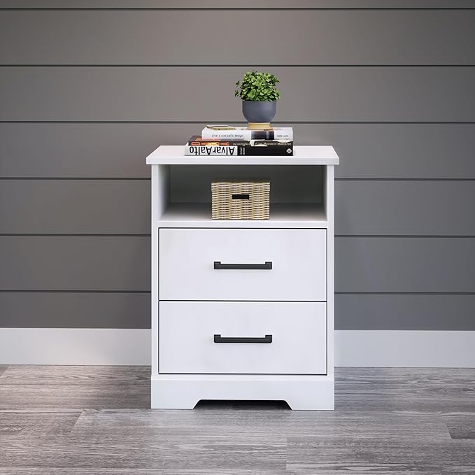 Prepac Rustic Ridge Farmhouse Nightstand Bedside Table, White Nightstand for Bedroom, End Table with 2 Drawers and Open Shelf 16.25"D x 18.75"W x 24.5"H