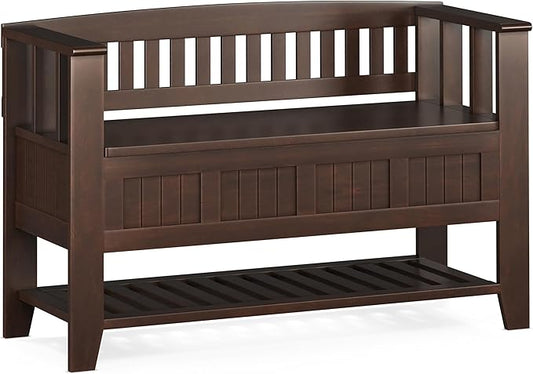 SIMPLIHOME Acadian Entryway Storage Bench - 48 inch Wide Solid Wood Hallway Seat with Shelf in Brunette Brown, Transitional Bench for Entryway or Living Room with Open Storage and Slatted Bottom