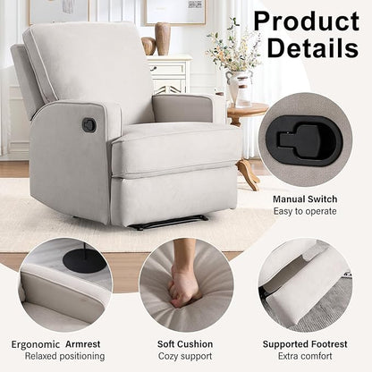 INZOY Manual Recliner with Thicker Backrest, Soft Fabric Manual Recliner with Overstuffed Cushion, Heavy Duty Reclining Sofa for Living Room Bedroom Apartment, Beige