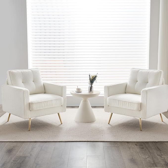 VINGLI Upholstered Living Room Chairs White Accent Chair Fluffy Teddy Fabric Mid Century Modern Sofa Chairs with Arms, Gold Legs for Reading, Bedroom, Waiting Room