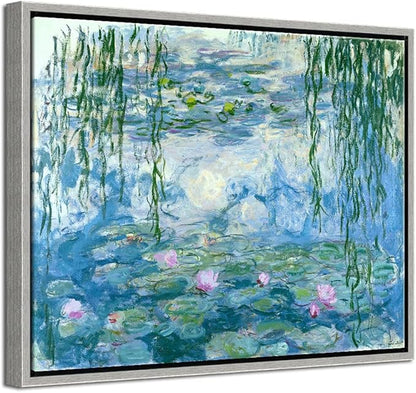 Wieco Art Framed Wall Art Canvas Print of Water Lilies by Claude Monet Paintings Reproduction Modern Canvas Wall Art for Home and office Decoration Abstract Artwork Silver Frame