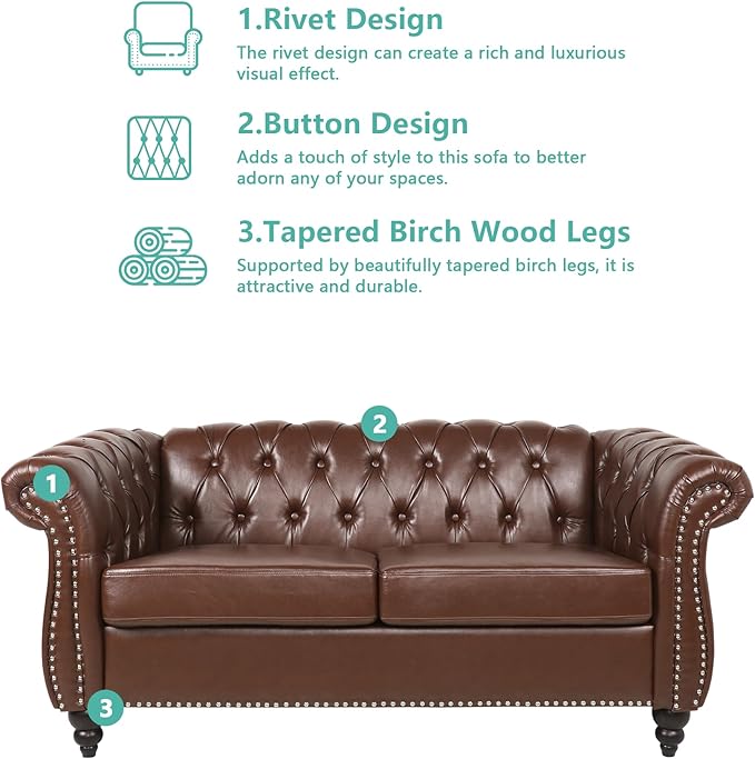 Loveseat Sofa Couch, Modern PU Leather Upholstered Sofa, Oversized Comfy 2 Seater Love Seat Couch with Cushions, Mid Century Tufted Chesterfield Sofa for Living Room, Bedroom, Apartment (Brown)