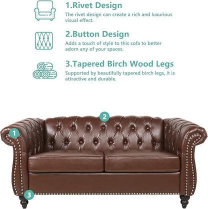 2 Piece Living Room Furniture Set, Faux Leather Loveseat and Chair Set, Mid Century Modern Upholstered Sofa Couch with Cushions, Vintage Comfy Tufted Chesterfield Couches for Bedroom, Office (Brown)