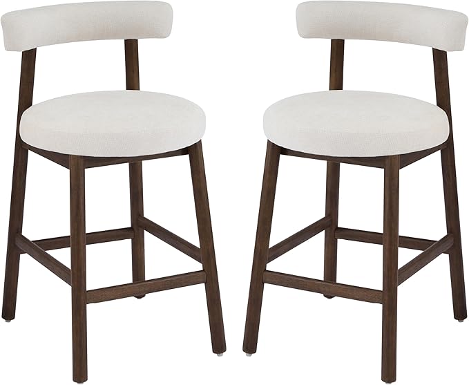 Christopher Knight Home Annes Counter Height Bar Stools Set of 2, Linen Fabric Round Bar Stool for Kitchen Island, Wooden Dining Room Chair, Counter Stool with Footrest, Walnut+Milky White