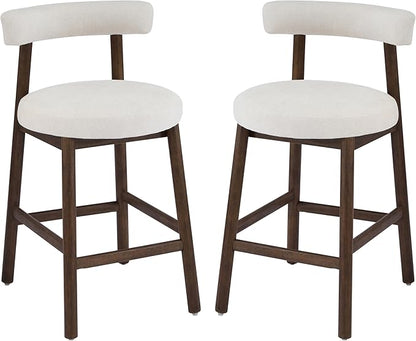 Christopher Knight Home Annes Counter Height Bar Stools Set of 2, Linen Fabric Round Bar Stool for Kitchen Island, Wooden Dining Room Chair, Counter Stool with Footrest, Walnut+Milky White