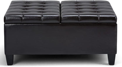 SIMPLIHOME Harrison 36 inch Wide Transitional Square Coffee Table Storage Ottoman in Tanners Brown Vegan Faux Leather, Assembled, For the Living Room and Bedroom