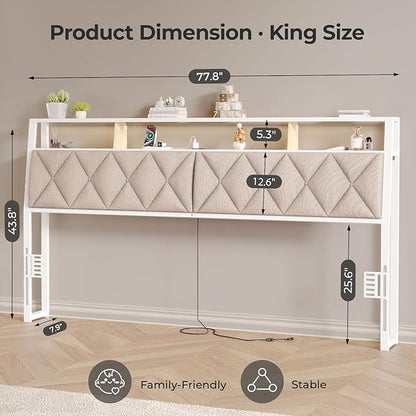 King Headboard Only, Headboard for King Size Bed with Storage, Upholstered Headboards with LED Lights & Charging Station, Attach Frame, Ideal for Bedroom/Dorm/Guest Room, White & Beige