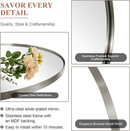 ANDY STAR Brushed Nickel Bathroom Mirror, 24 x 32 Inch Oval Pivot Mirror for Wall, Unique Farmhouse Tilt Mirror in Slim Silver Stainless Steel Metal Frame for Bedroom, Powder Room