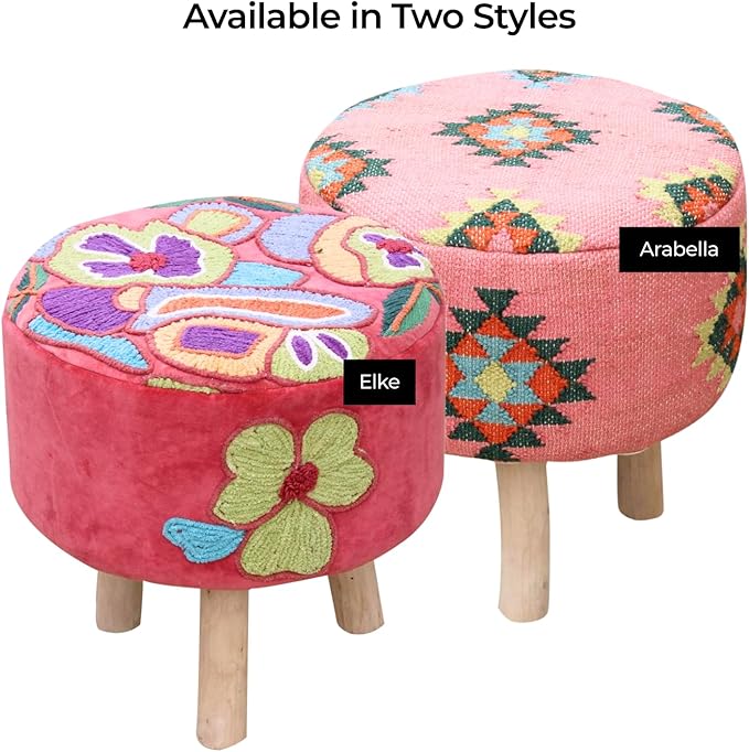Elke Pink Velvet Embroidered Round Pouf Ottoman – 16" Handcrafted Upholstered Floral Foot Stool with Removable Cover – Soft Cotton Velvet Knockdown Accent Seat for Bedroom, Living Room & Boho Decor