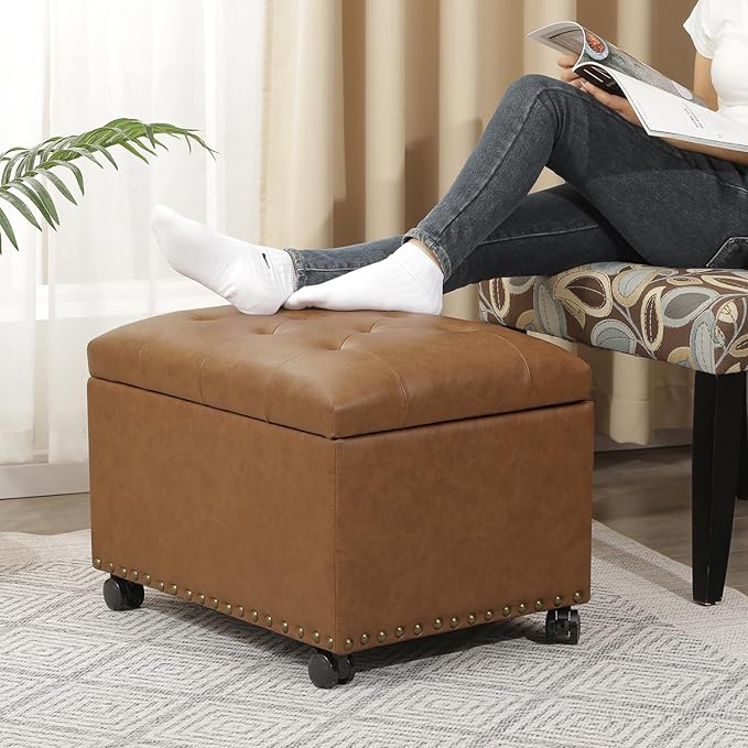 24" Leather Storage Ottoman with Steerable Rolling Wheels, Rectangle Foot Rest Ottoman with Storage for Living Room Bedroom, Vintage Golden Brown