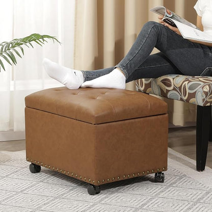 24" Leather Storage Ottoman with Steerable Rolling Wheels, Rectangle Foot Rest Ottoman with Storage for Living Room Bedroom, Vintage Golden Brown