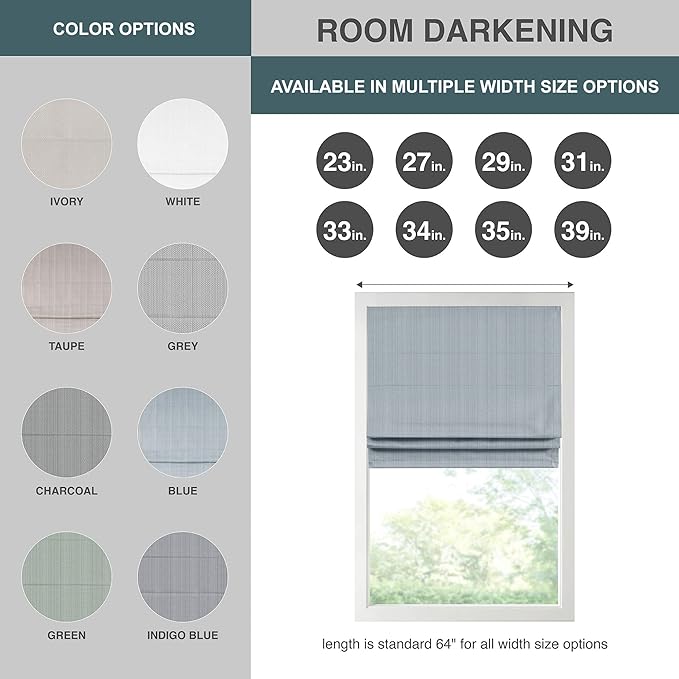 Madison Park Galen Cordless Roman Shade, 35"W x 64"H, Sheen Blue – Room Darkening, Thermal Insulated, Energy Efficient Window Blind with Subtle Sheen Basketweave Fabric for Privacy