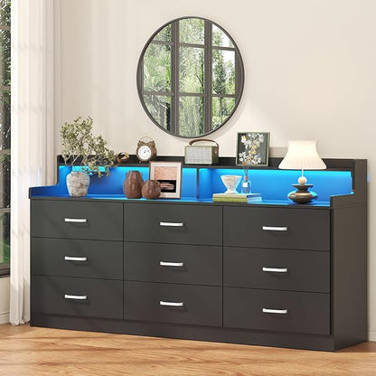 Bigbiglife 9 Drawer Dresser with Built in Power Outlet and LED Light, Modern Chest of Drawers for Bedroom, Triple Wide Drawer Organizer Cabinet for Living Room, Entryway, Hallway, Black