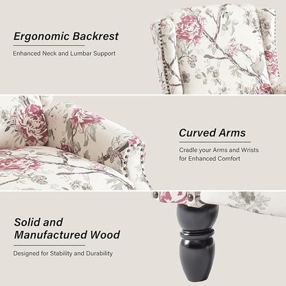 Recliner Chair, Upholstered Wingback Floral Pushback Armchair with Adjustable Backrest & Footrest, Comfy Accent Chair for Small Spaces, Living Room, Bedroom (Plants Floral, Set of 2)