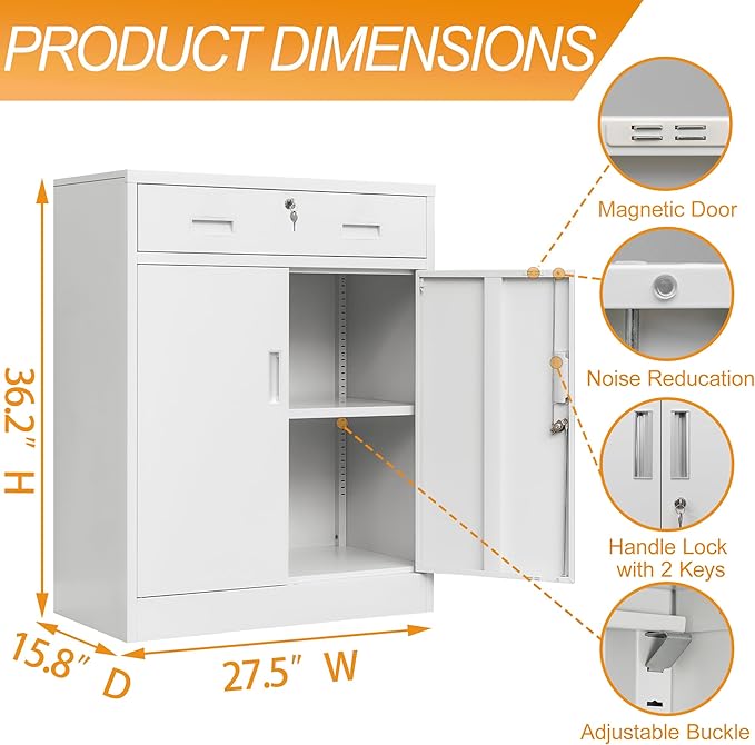 Metal Storage Cabinet with Drawer, 36" H White Locking Metal Cabinet, Adjustable Shelf File Cabinet Cabinet with Doors for Home Office, Garage, Warehouse, Laundry Room, Basement