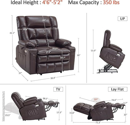MCombo Dual Motor Power Lift Recliner Chair for Elderly, Lay Flat Lift Chair with Heat and Massage, Petite Wide Lift Chair, Cup Holders, USB A&C Ports, Faux Leather R7894 (Dark Brown, Small-Wide)