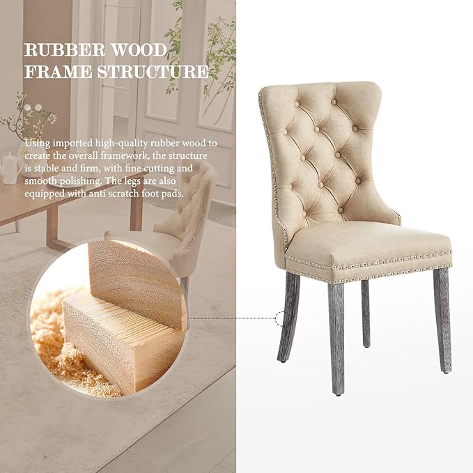 Leather Dining Chair Set of 2, Dining Room Chairs with Nailhead Ring Pull Trim, Upholstered Dining Chairs with Solid Wood Legs for Kitchen Dining Room (Beige)