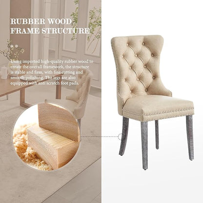 Leather Dining Chair Set of 2, Dining Room Chairs with Nailhead Ring Pull Trim, Upholstered Dining Chairs with Solid Wood Legs for Kitchen Dining Room (Beige)