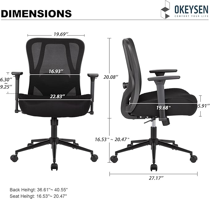Okeysen Big and Tall Office Chair, Ergonomic Computer Desk Chair with 500 LBS Capacity, Wide Seat and 6’’ Thick Cushion for Heavy People, Adjustable Lumbar Support