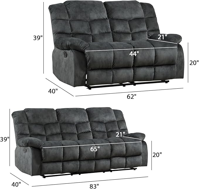 EBELLO Reclining Sofa Furniture Set, Loveseat Recliner Sofa and 3PC Bonded Manual Recliner Set for Living Room, Grey Green (Loveseat+Sofa)